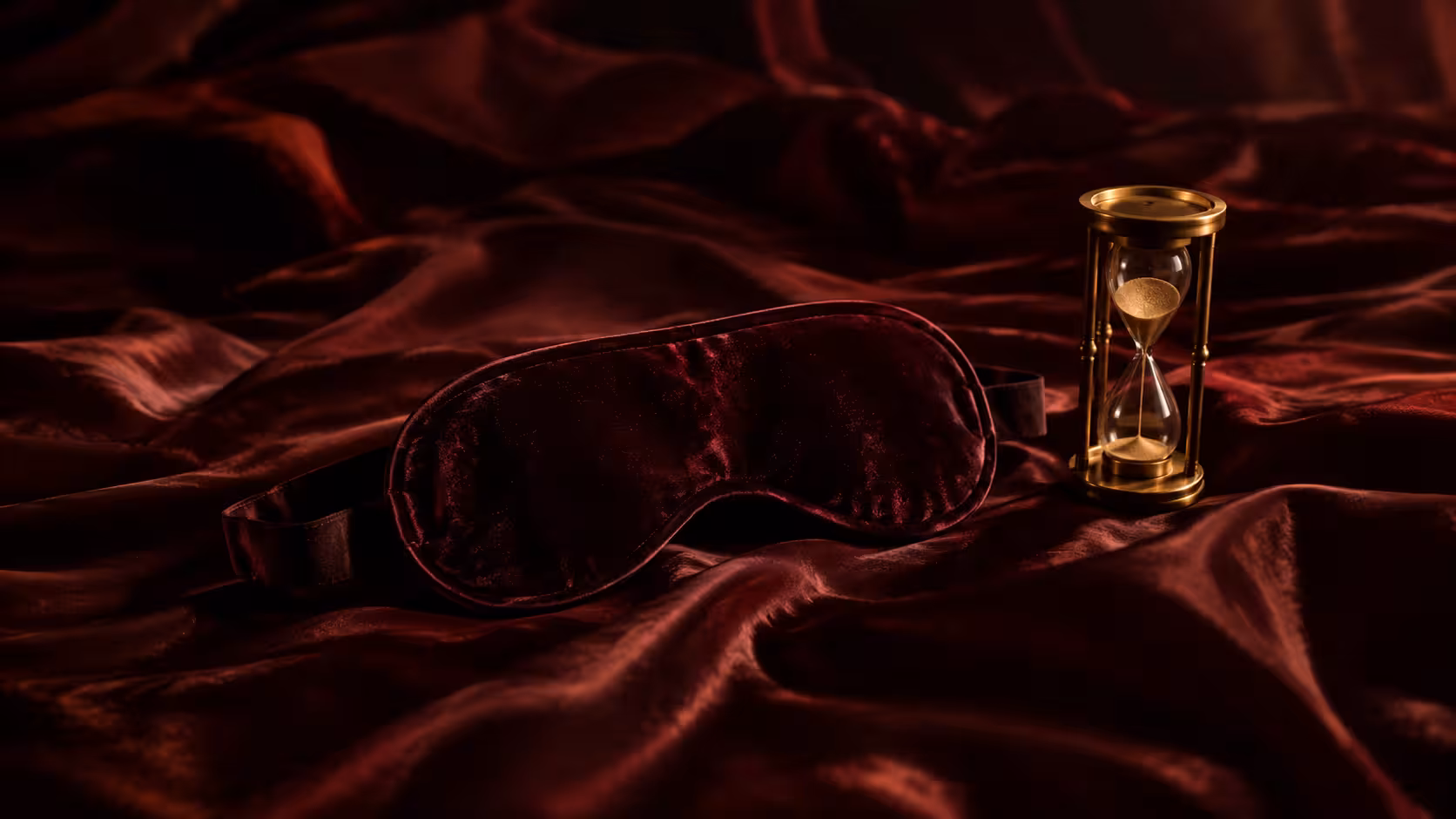 Venda de veludo sobre lençóis de cetim bordô ao lado de uma ampulheta, simbolizando controle de orgasmo e expectativa no BDSM