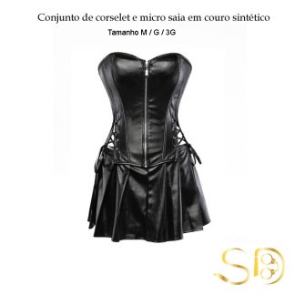 Conjunto de corselet e micro saia em couro sintético