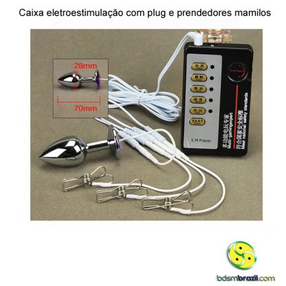 Caixa eletroestimulação com plug e prendedores mamilos