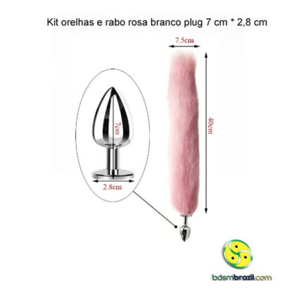Kit orelhas e rabo rosa branco plug 7 cm * 2,8 cm